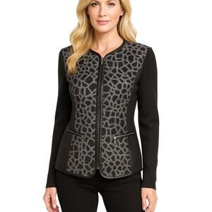 Peter Nygard Small Black Gray Woven Sweater Jacket Wool Blend Zip Ponte Sleeve